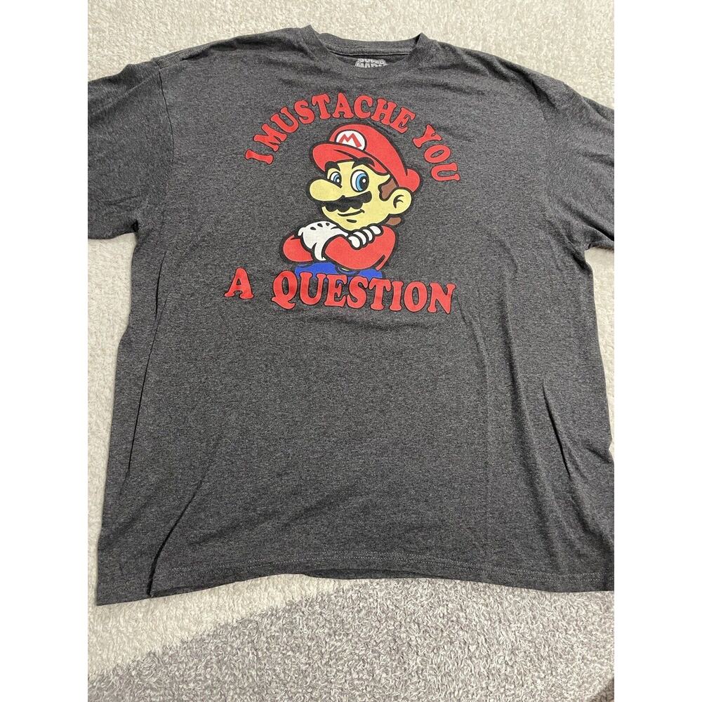 Official Mario Gray T-Shirt I Mustache You A Question Men's Size XL Short Sleeve